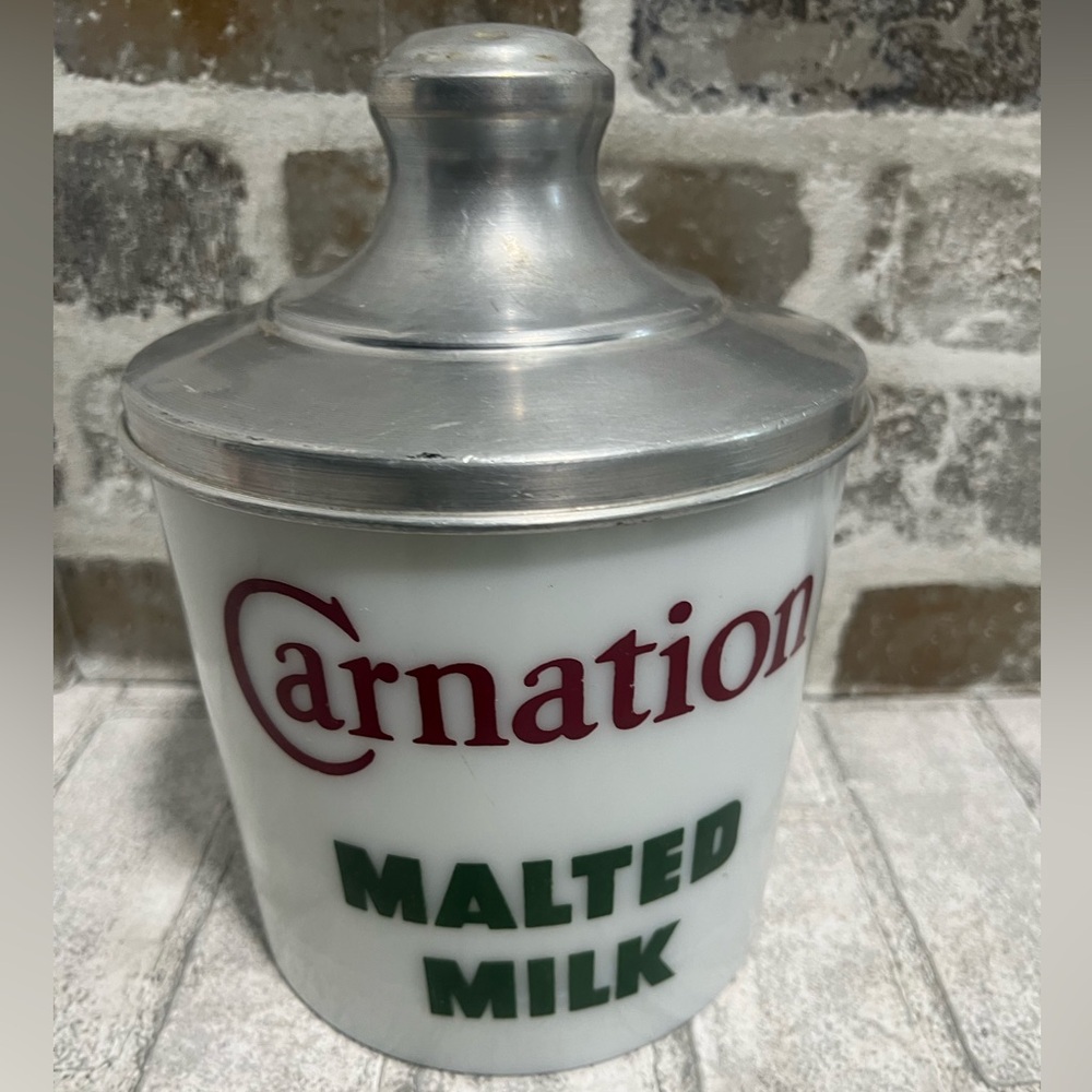 Vintage Original Carnation Malted Milk Jar Aluminum Lid RARE